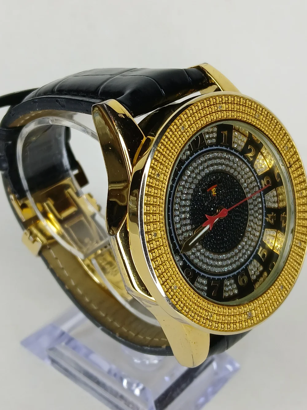 Techno Royale Mens Watch Gold Tone Case Genuine Diamond Bezel Black Leather...